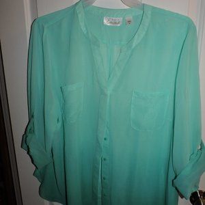 Sheer button front top in ombre aqua color